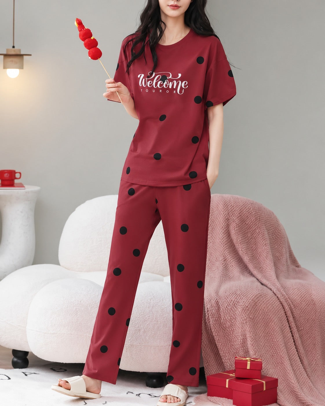 Maroon Welcome Printed Half Sleeves Printed Pjs