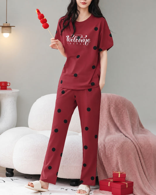 Maroon Welcome Printed Half Sleeves Printed Pjs