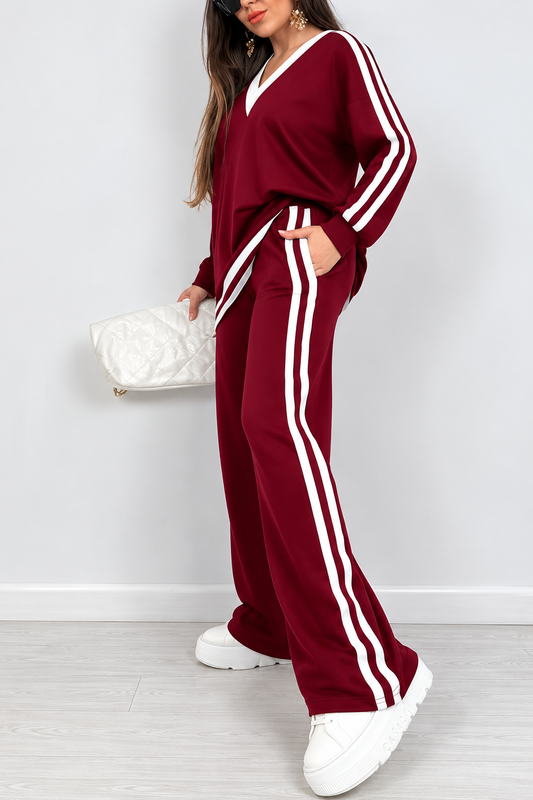 Maroon & White Double Stripe V-Neck Fleece Track Suit