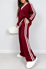 Maroon & White Double Stripe V-Neck Fleece Track Suit