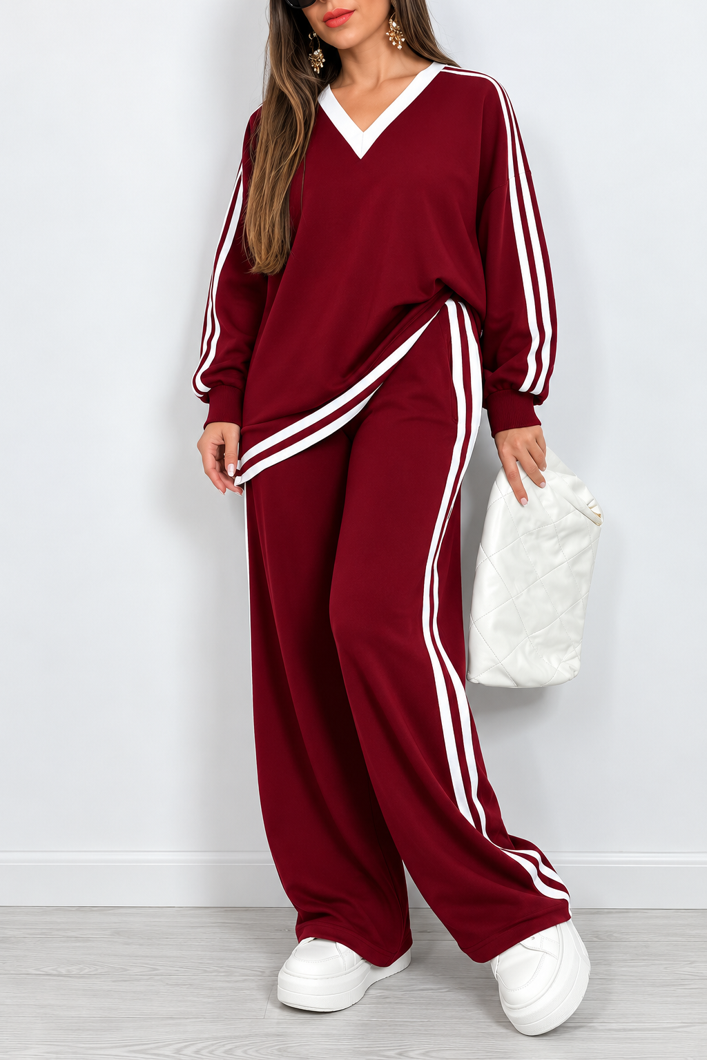 Maroon & White Double Stripe V-Neck Fleece Track Suit