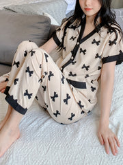 Off White with Black Midnight Bow Printed Half Sleeves V-Neck Button Pjs