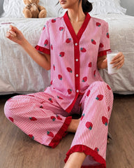 Baby Pink Strawberries with Lining Printed Half Sleeves V-Neck Button PJ Set