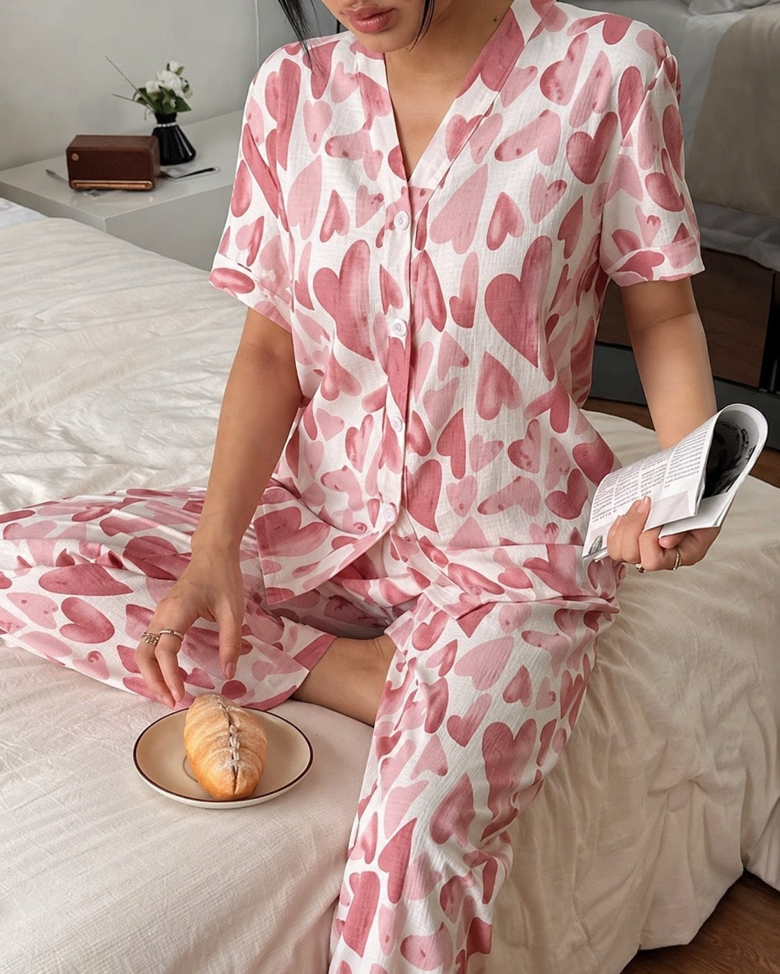 Pink Hearts Printed Half Sleeves V-Neck Button PJ Set