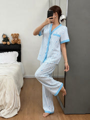 Sky Blue All Over Hearts with Lining Printed Half Sleeves V-Neck Button PJ Set