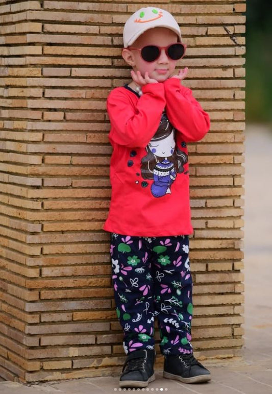 Red Barbie Girl Printed Full Sleeves T-shirt with Flower Printed Pajama Kids Suits (KO-626)