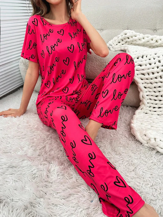 Dark Pink Love Heart Print Half Sleeves Shirt With Printed Trouser (KO-NS-454)