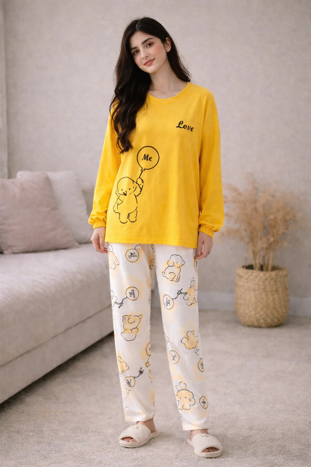 Yellow Love Me Printed Full Sleeves Night Suit