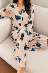 Peach With Blue Floral Printed Button Night Suit