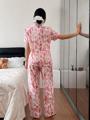 Pink Hearts Printed Half Sleeves V-Neck Button PJ Set