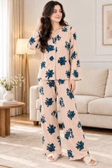 Peach With Blue Floral Printed Button Night Suit