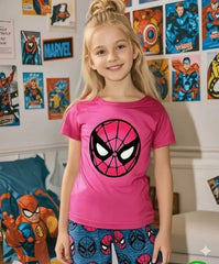 Shocking Pink Spider Girl Printed Kids Night Suit