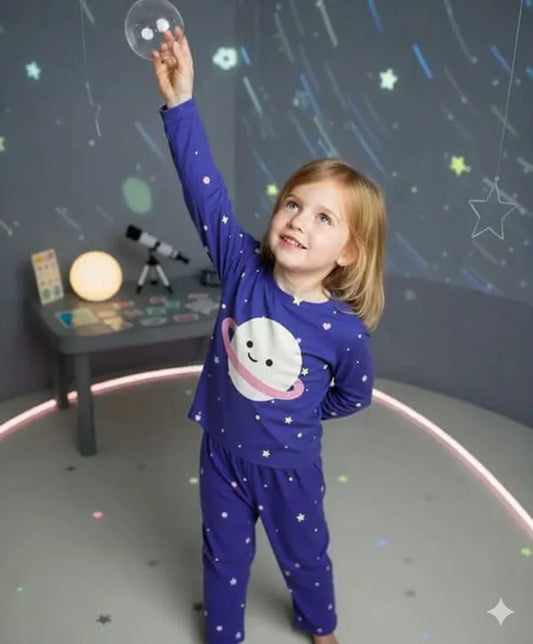 Purple Planet and Stars Printed Kids Night Suit