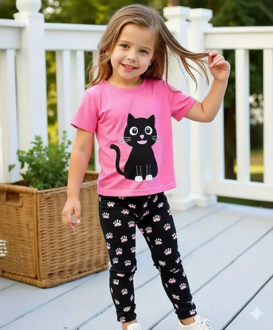 Pink With Black Cat Printed Half Sleeves Kids Night Suit