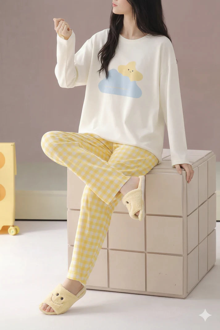 White With Cloud And Star Print Full Sleeves Night Suit