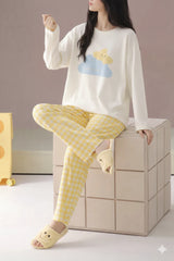 White With Cloud And Star Print Full Sleeves Night Suit