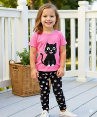 Pink With Black Cat Printed Half Sleeves Kids Night Suit