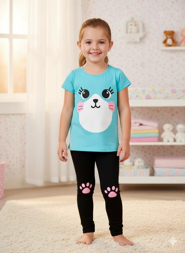 Blue Cute Face Printed Kids Night Suit