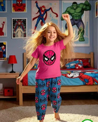 Shocking Pink Spider Girl Printed Kids Night Suit
