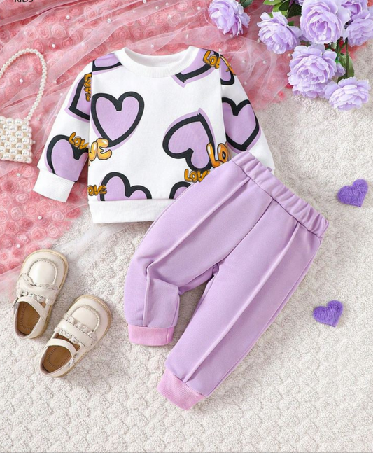 Lilac Love Heart Print Kids Track Suit