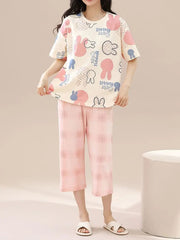 Off white Multi Cute Rabbit Printed Half Sleeves T-shirt With Printed Pajama Suit