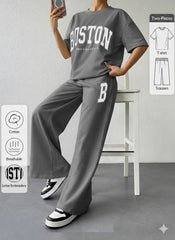 Grey Boston Printed Half Sleeves T-shirt With B Printer Looss Pajama Suit