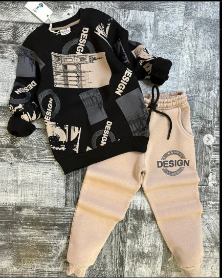 Black Desgin Printed Kids Track Suit
