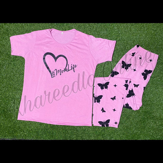 Pink mom Life Heart Print Half Sleeves Shirt With Butterfly Printed Trouser (KO-NS-441)