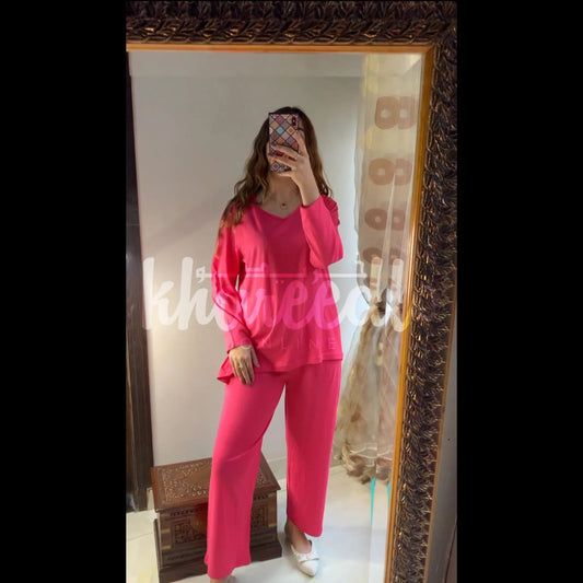 Dark Pink V Neck Shirt With Lose Style Lounge Wear (KO-NS-436)