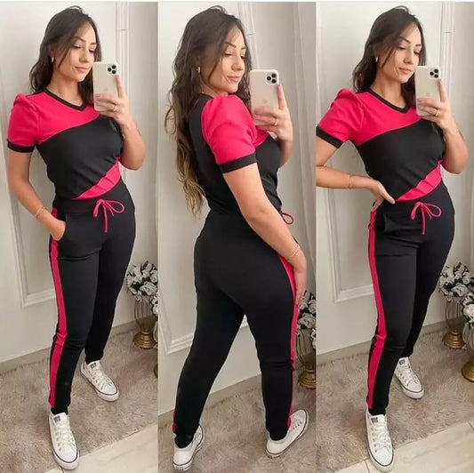 Black With Dark Pink Panel Short Sleeves Track Suit (KO-TS-039)