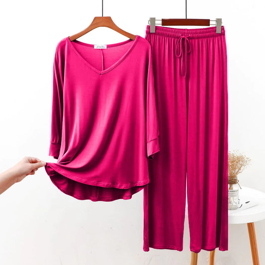 Dark Pink V Neck Shirt With Lose Style Lounge Wear (KO-NS-436)