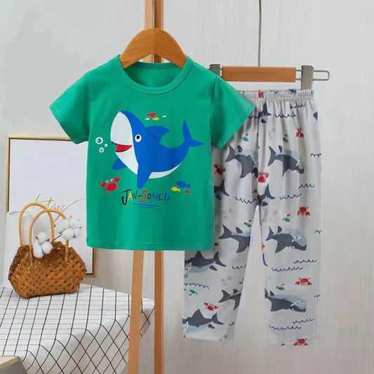 Green Shark Print Half Sleeves T-shirt With Printed Trouser Suit for Kids (KO-KNS-473)