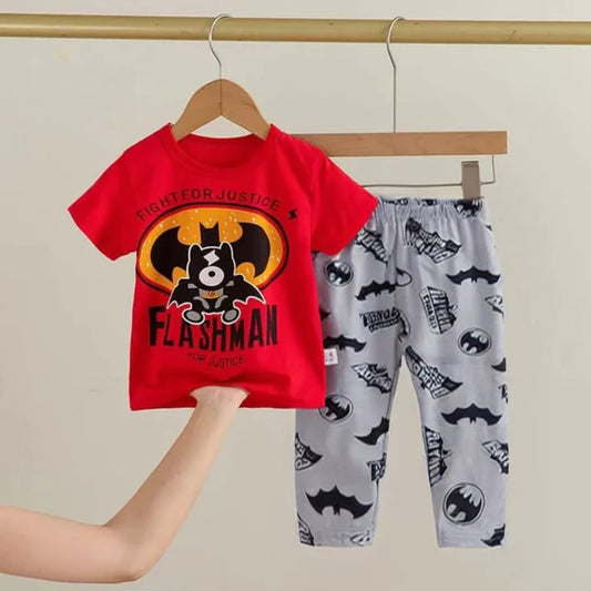 Red Flashman Printed Print Half Sleeves T-shirt With Printed Pajama Suit for Kids (KO-KNS-475)