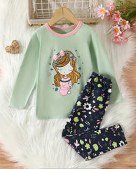 Green Sleepy Princess Printed Kids Night Suit (KO-621)