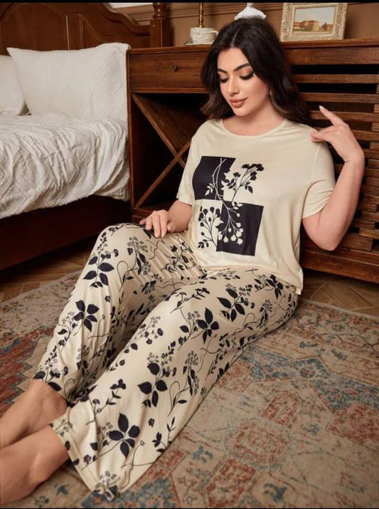 Off white Leaves Printed Half Sleeves Shirt with leafs Printed Trouser