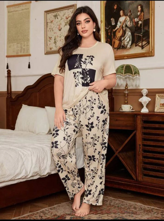 Off white Leaves Printed Half Sleeves Shirt with leafs Printed Trouser