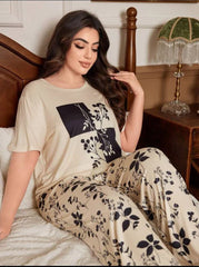 Off white Leaves Printed Half Sleeves Shirt with leafs Printed Trouser