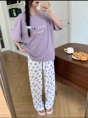 Lilac Happy Moments Printed Half Sleeves Shirt with Hearts Printed Trouser