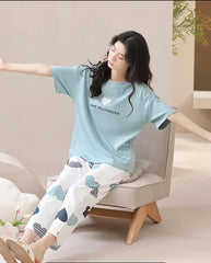 Sky blue Love you forever hearts Print Half Sleeves Printed Night Suit