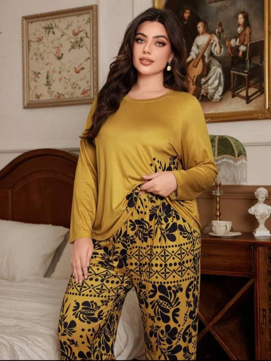 Deep Yellow Floral Print Full Sleeves with floral Printed pajama Night Suit