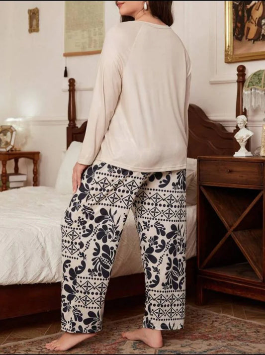 Off White Floral Print Full Sleeves with floral Printed pajama Night Suit