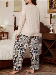 Off White Floral Print Full Sleeves with floral Printed pajama Night Suit