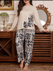 Off White Floral Print Full Sleeves with floral Printed pajama Night Suit
