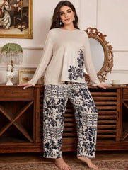 Off White Floral Print Full Sleeves with floral Printed pajama Night Suit