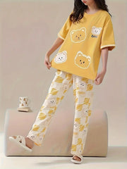 Yellow Four Bears Print Half Sleeves Pjs
