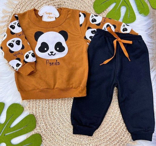 Brown White Panda Printed Kids Track Suit