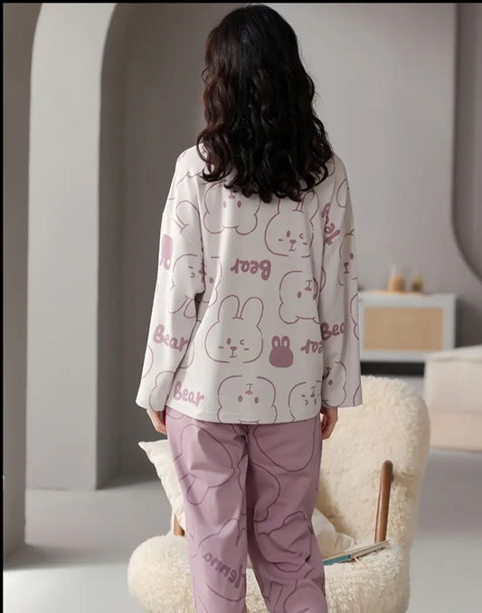 Lilac Cute Bear Printed Full Sleeves Pjs