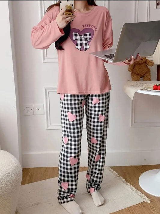 Pink Loving Heart Printed Full Sleeves Pjs
