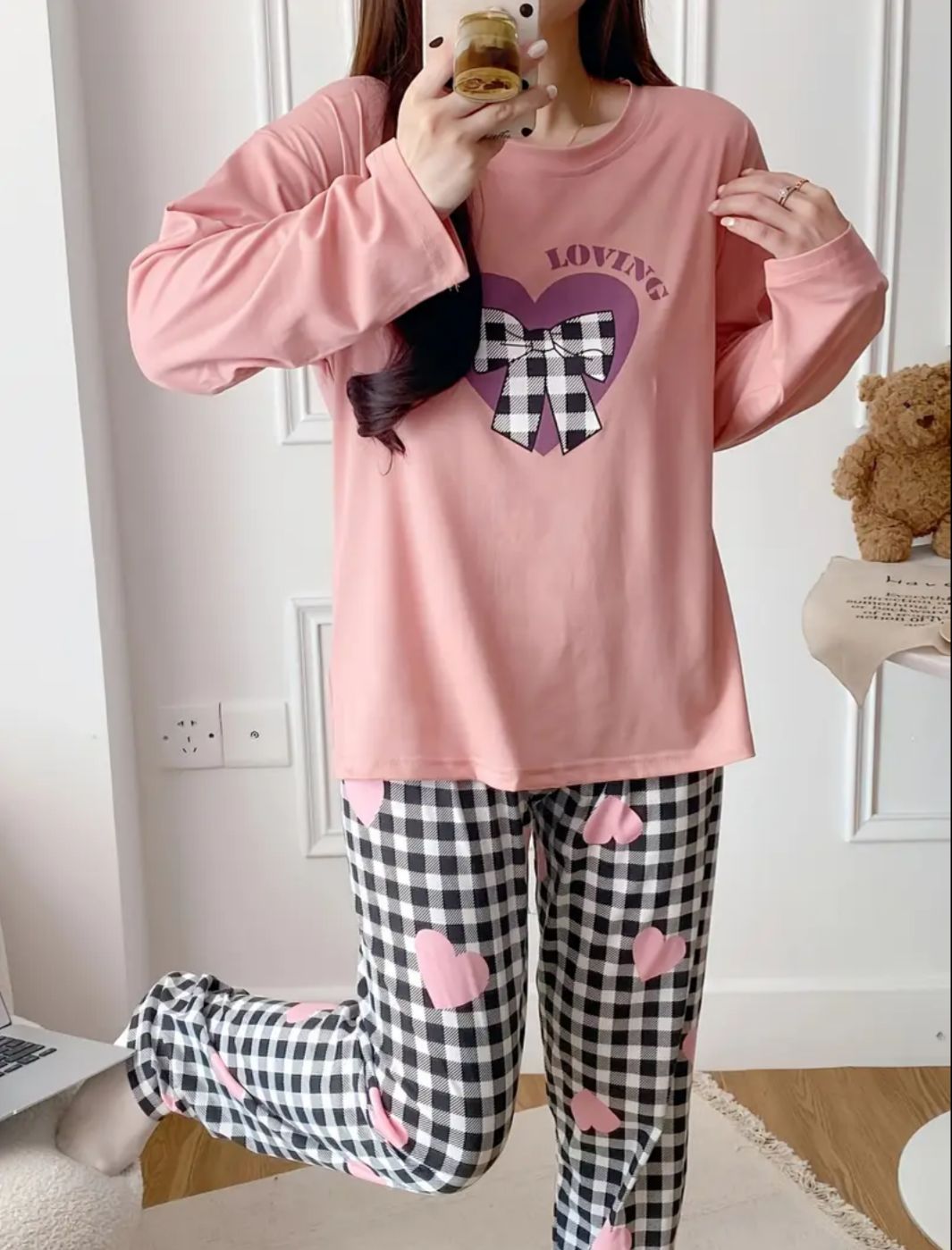 Pink Loving Heart Printed Full Sleeves Pjs