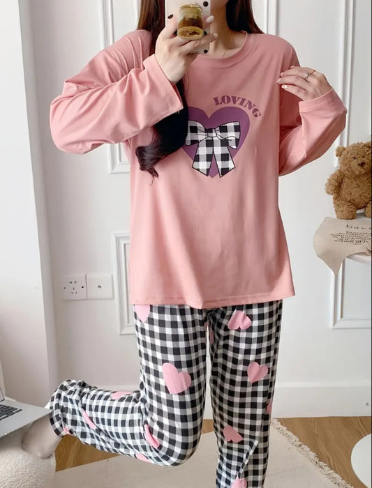 Pink Loving Heart Printed Full Sleeves Pjs